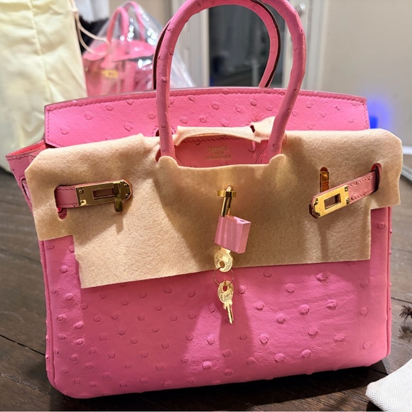 Birkin Style Bag B25 Pink Ostrich Leather Gold Hardware Made in France Purse - Picture 7 of 14